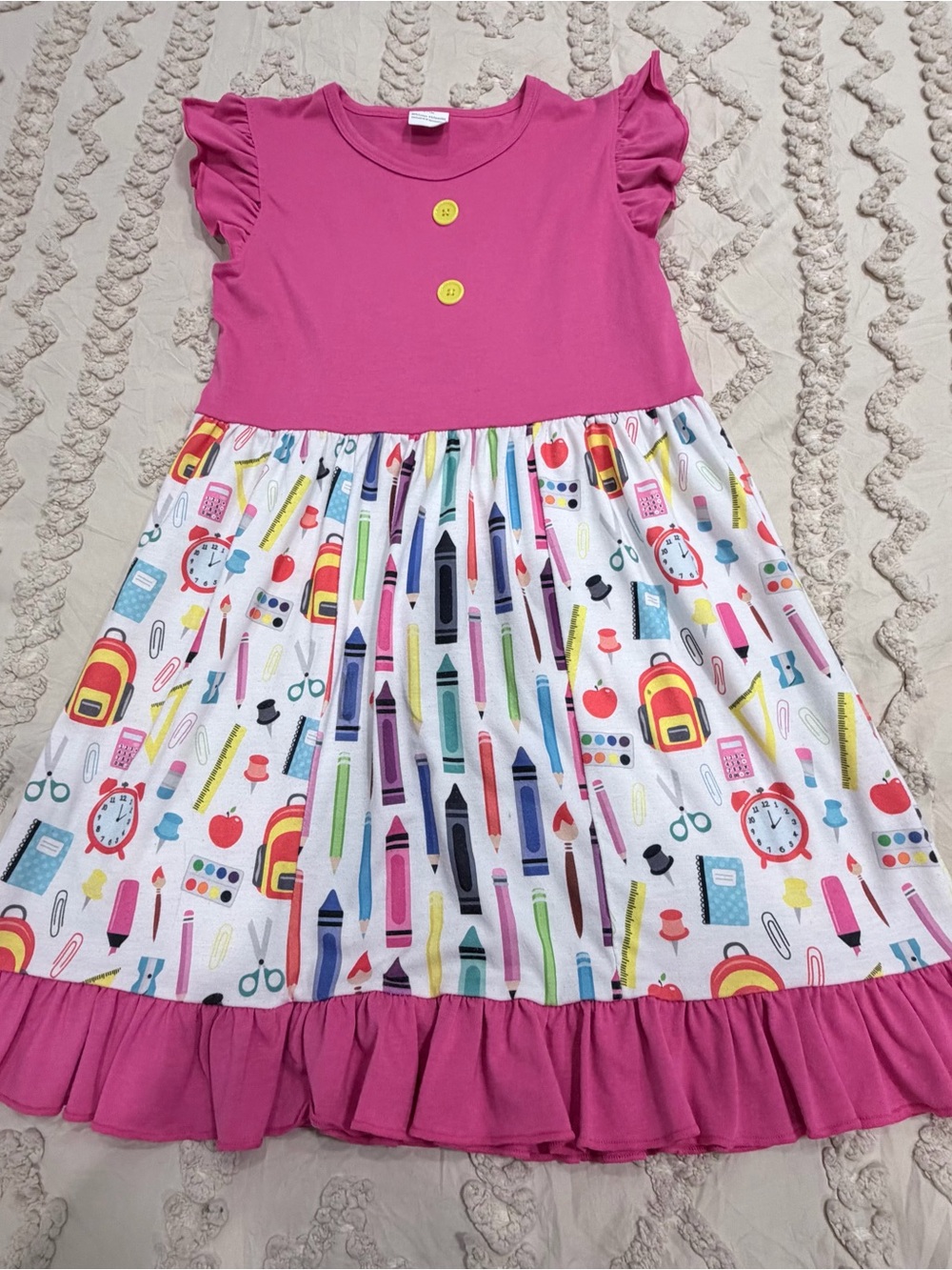 Girls Pink Ruffle Sleeve School Supplies Print Dress